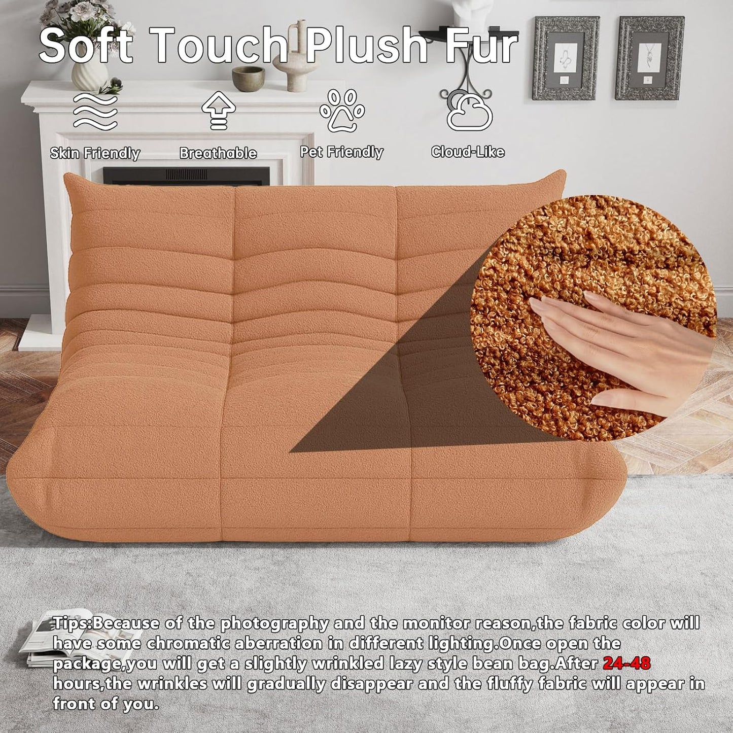 WHGBJA Bean Bag Chairs for Adults, BeanBag Reading Chair Memory Foam Couch, Floor Chair Soft Teddy Material (Orange, Loveseat)