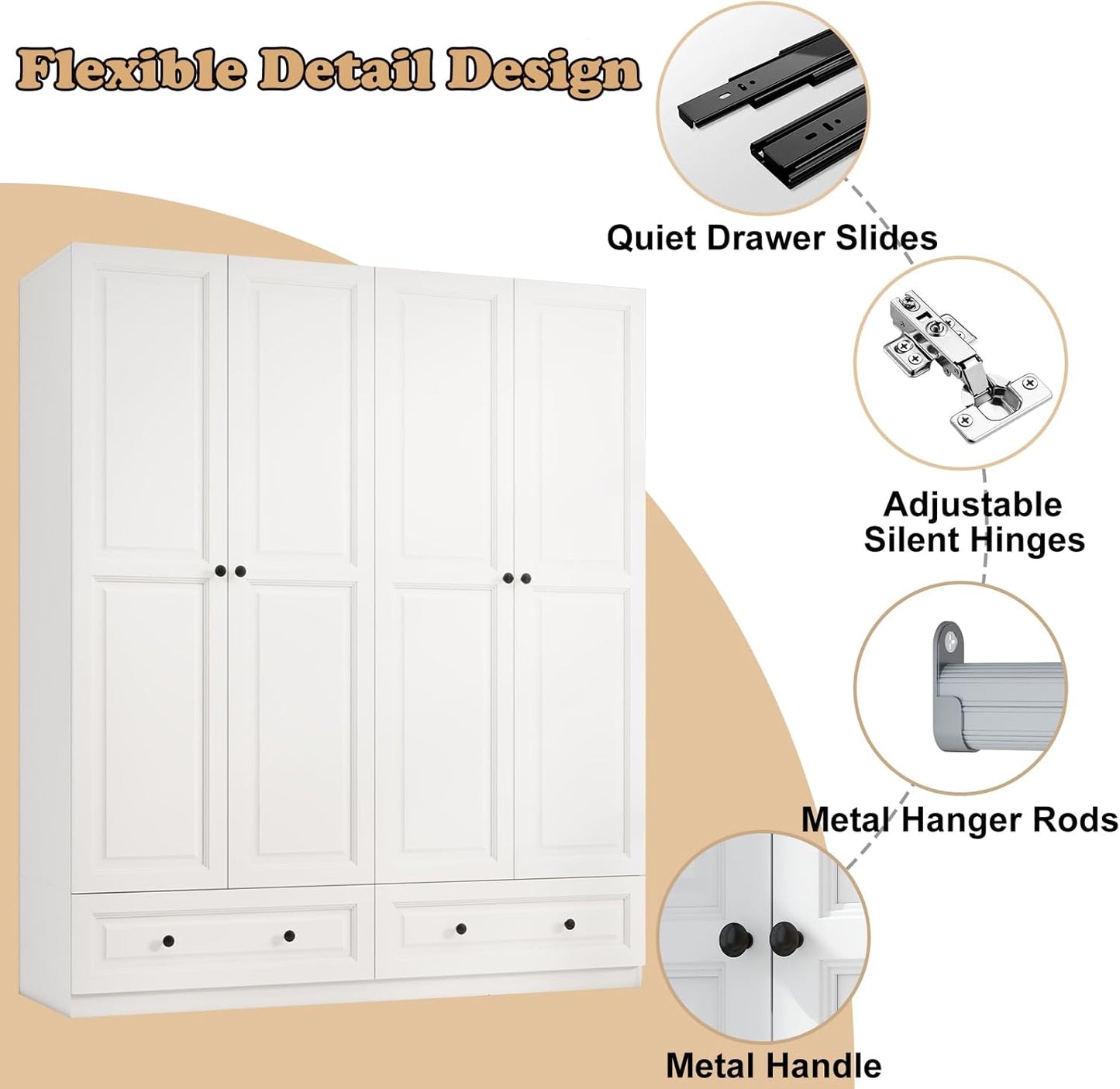 Armoire Wardrobe Closet with Drawers: 74" White Tall Wooden Wardrobe Closet for Hanging Clothes, Large Bedroom Armoires with 2 Drawers, 4 Door Armoire Storage Cabinet (White, 63")