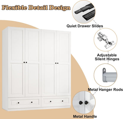 Armoire Wardrobe Closet with Drawers: 74" White Tall Wooden Wardrobe Closet for Hanging Clothes, Large Bedroom Armoires with 2 Drawers, 4 Door Armoire Storage Cabinet (White, 63")