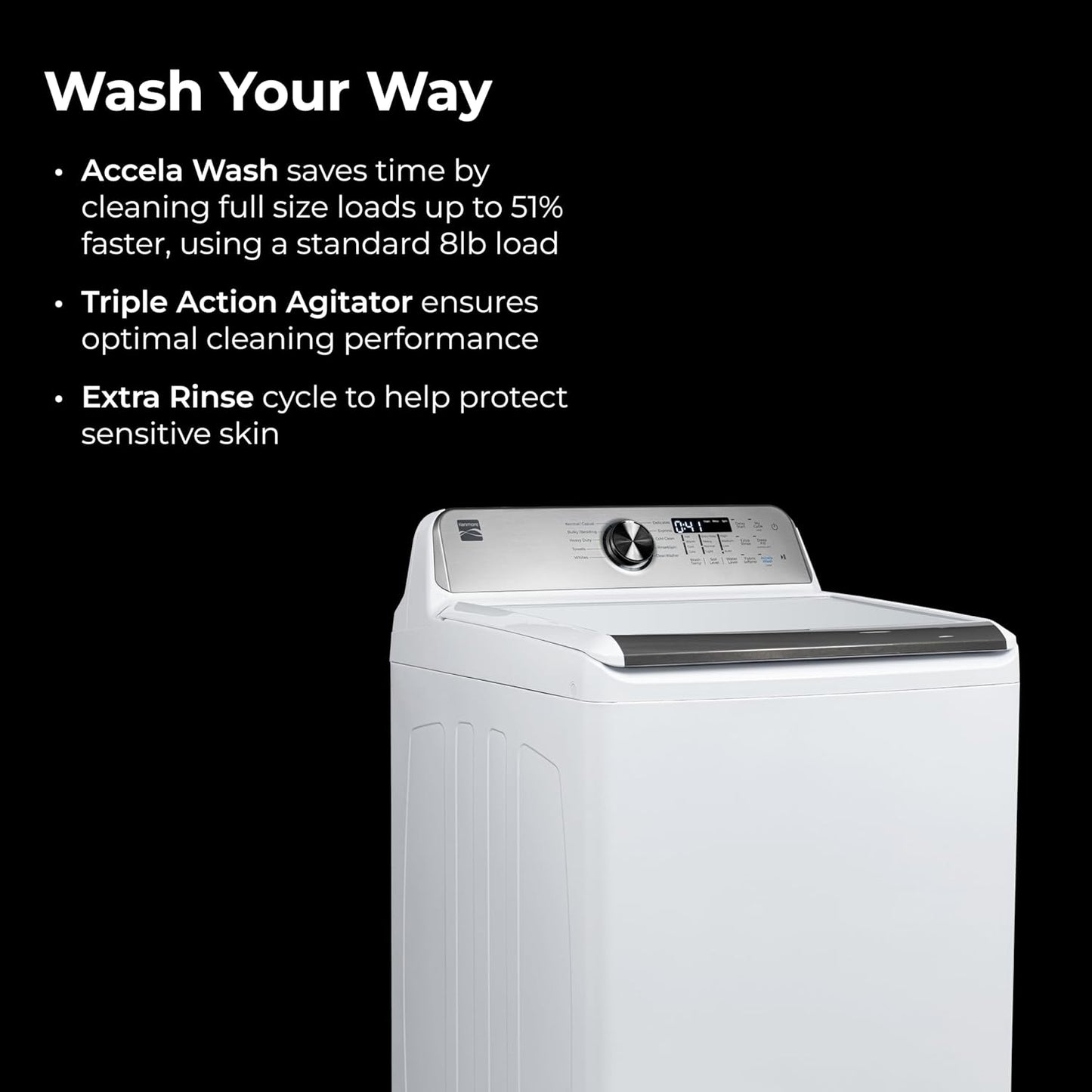 Kenmore 4.4 cu. ft. Top Load Washer with Triple Action Agitator for Tough Dirt & Stains - Reduce Laundry Time with Accela Wash & Express Wash - LED - White