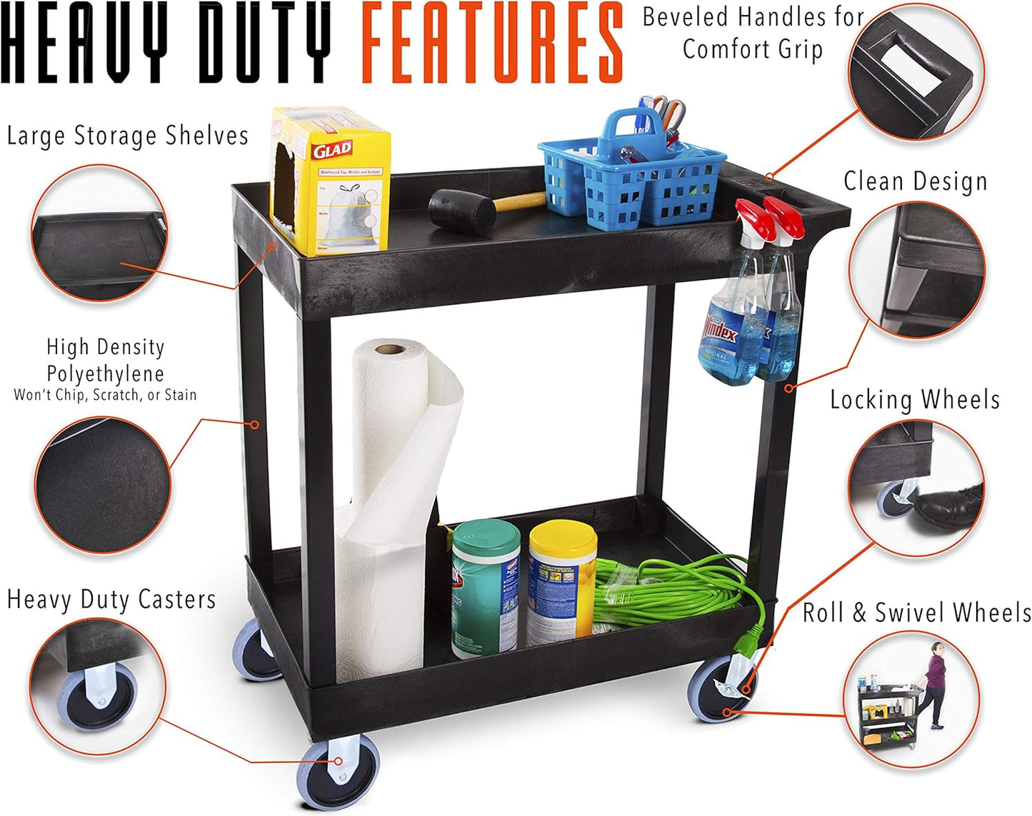 Stand Steady Tubstr 2 Shelf Utility Cart Supports Up to 250 lbs - Heavy-Duty Plastic Service Push Cart with Deep Shelves and 5" Casters, for Offices, Warehouse Storage, Garage (Black, 32 x 18 x 51)