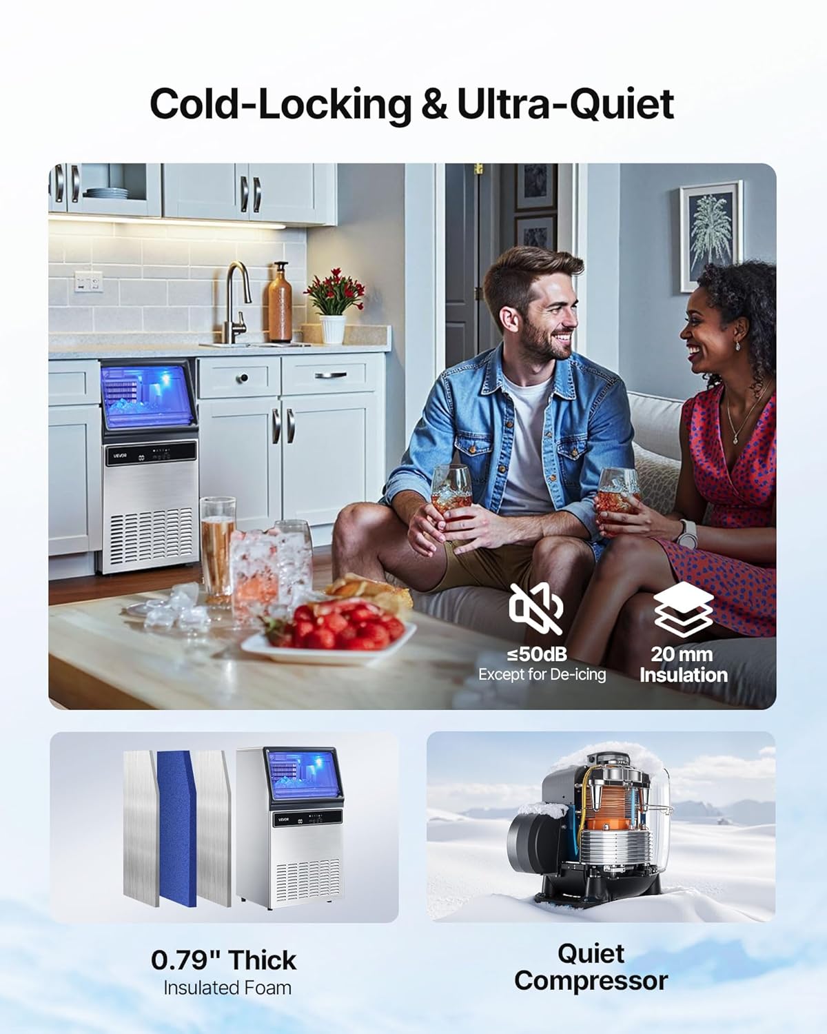 VEVOR Commercial Ice Maker Machine, 130Lbs/24H with 33Lbs Storage, 45 Cubes per Cycle, Stainless Steel Freestanding & Under Counter Ice Maker with LED Display & Self-Cleaning, for Home Bar Restaurant