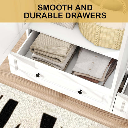 Armoire Wardrobe Closet with Drawers: 63" White Wardrobe Closet with 4 Doors and 2 Drawers, Wood Clothes Armoire with Hanging Rod, Clothing Storage Cabinet for Bedroom