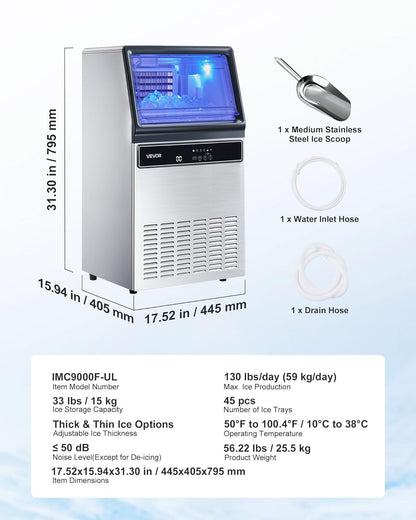 VEVOR Commercial Ice Maker Machine, 130Lbs/24H with 33Lbs Storage, 45 Cubes per Cycle, Stainless Steel Freestanding & Under Counter Ice Maker with LED Display & Self-Cleaning, for Home Bar Restaurant
