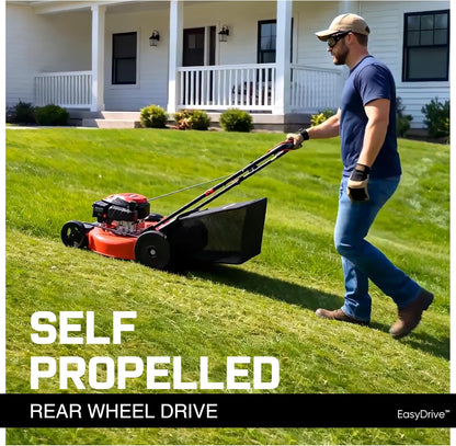 PowerSmart EasyDrive 21-Inch Self Propelled Gas Lawn Mower, 170cc 4-Stroke OHV Engine, Rear Wheel Drive, 3-in-1 Mulch/Bag/Side Discharge, Steel Deck, 6 Height Adjustment