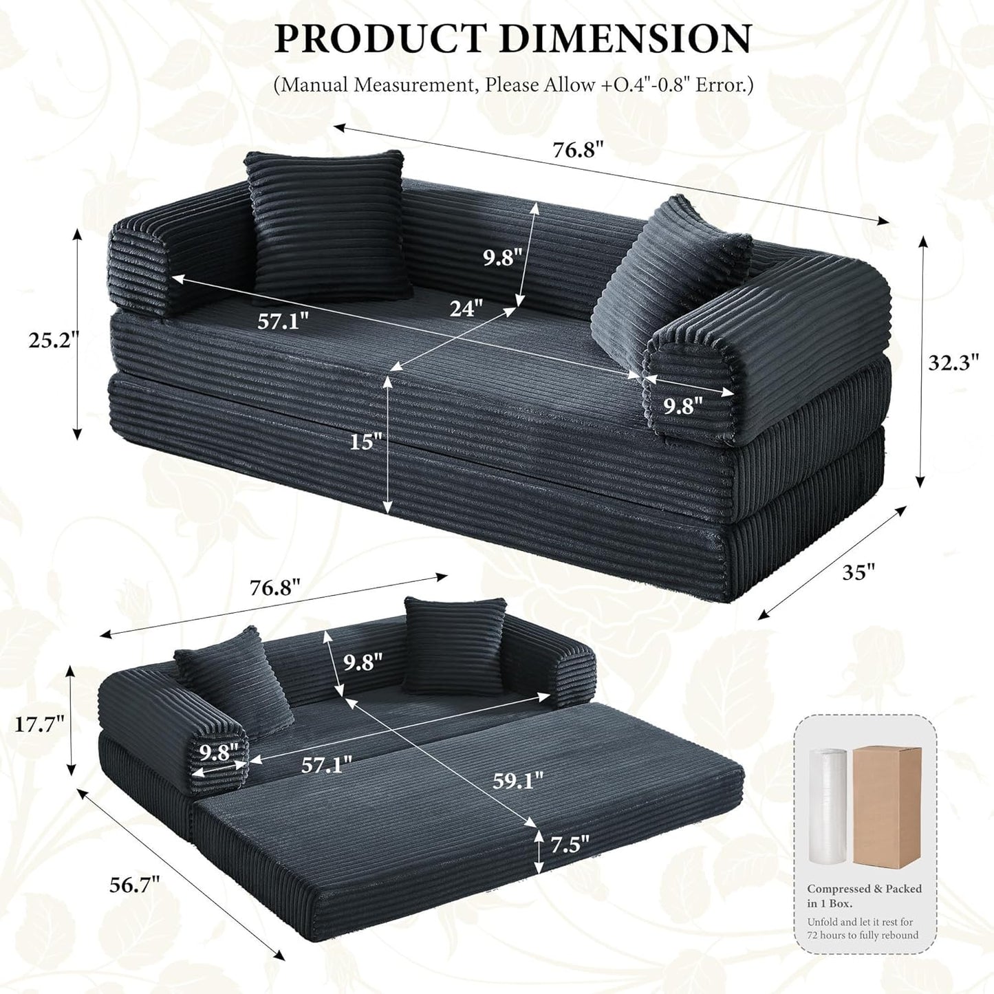Boneless Couch Versatile Couches for Living Room No-Install Sofa Bed Corduroy Futon Soft Cloud Couch with Pillows for Bedroom Game Movie (Dark Gray, 76")