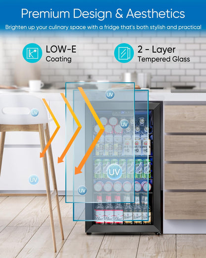 Feelfunn Beverage Refrigerator and Cooler - 126 Can Mini Fridge Glass Door for Soda Beer Wine - Freestanding Beverage Fridge for Bedroom Office Bar, 4 Adjustable Shelves, 3.2 Cu.Ft, Black