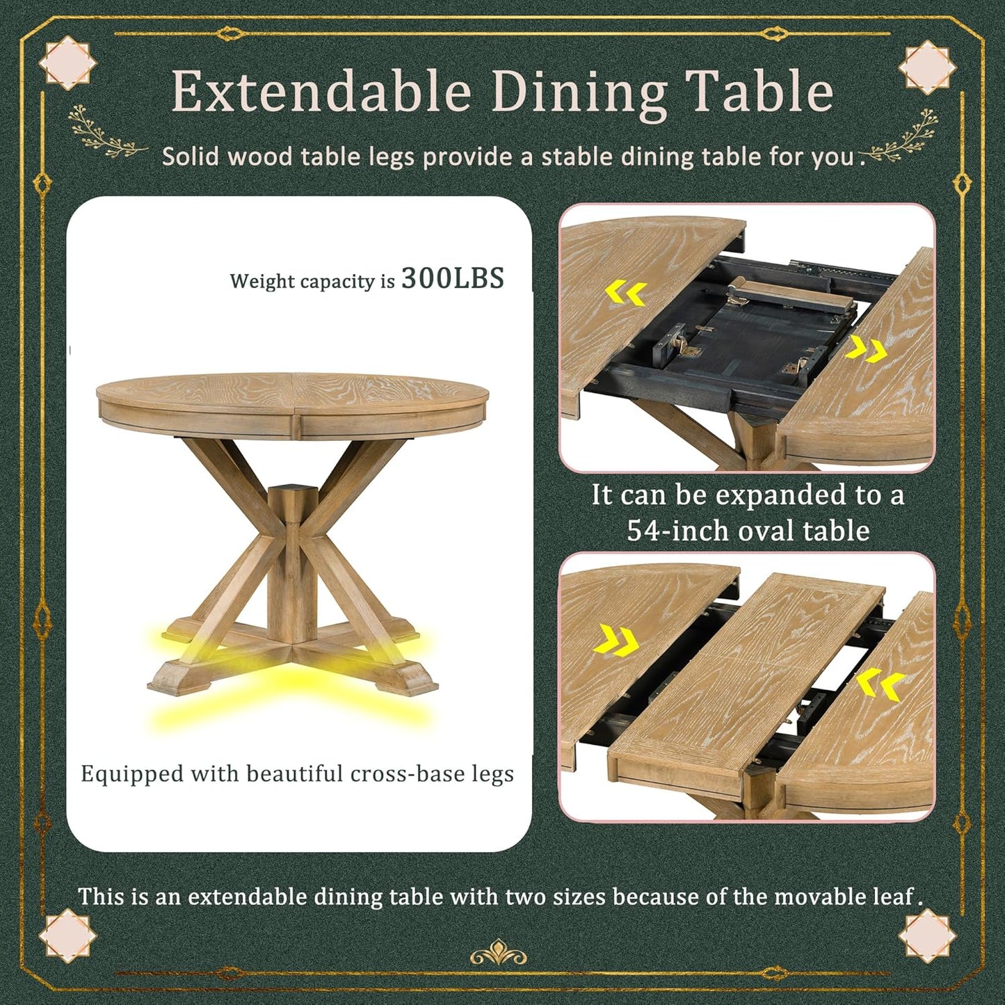 LUMISOL 5-Piece Solid Wood Dining Table Set for 4, Extendable Round Kitchen Table Set with 4 Upholstered Chairs, Farmhouse Table and Chairs Set for Kitchen, Dining Room, Living Room, Natural