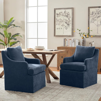 VKNOW Upholstered Dining Chairs Set of 4, Linen Kitchen Chair Dinner Chair with 4 Casters, Chenille Armchair for Bedroom Reading Room Living Room, Blue