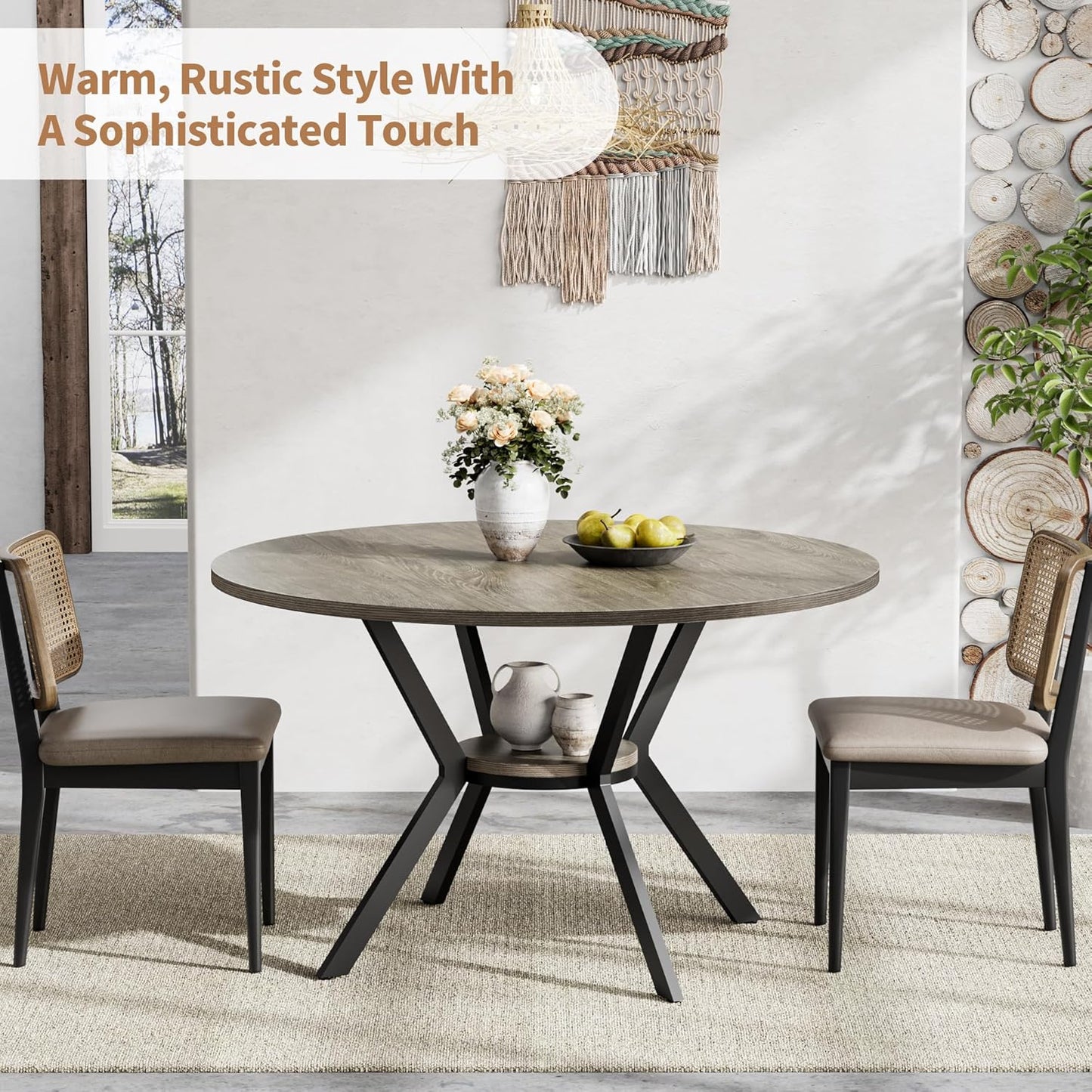 Round Dinner Table for 2-4, 42 Inch Kitchen & Dining Room Table with Storage, Wooden Circle Dining Table, Mid Century Modern Dining Table with Metal Legs for Kitchen, Living Room, Dining Room, Grey