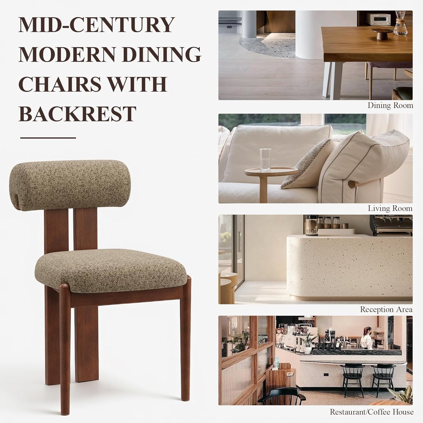 MALOL Modern Wooden Dining Chairs Set of 6, Upholstered Fabric Kitchen Chairs with Sculptural Backrest, Mid-Century Farmhouse Dining Room Chairs with Solid Wood Legs, Camel