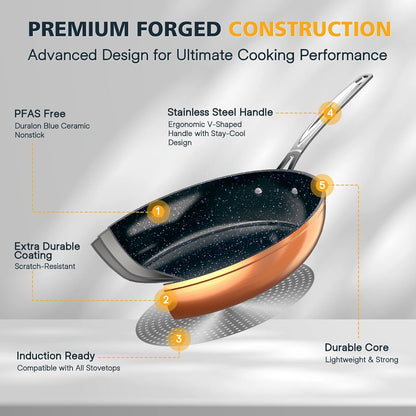 Nuwave 3-Piece 8”, 10”, 12” Forged Lightweight Frying Pan Set, G10 Healthy Duralon Blue Ceramic Ultra Non-Stick, Ergonomic Stay-Cool Handles, Induction-Ready & Works on All Cooktops
