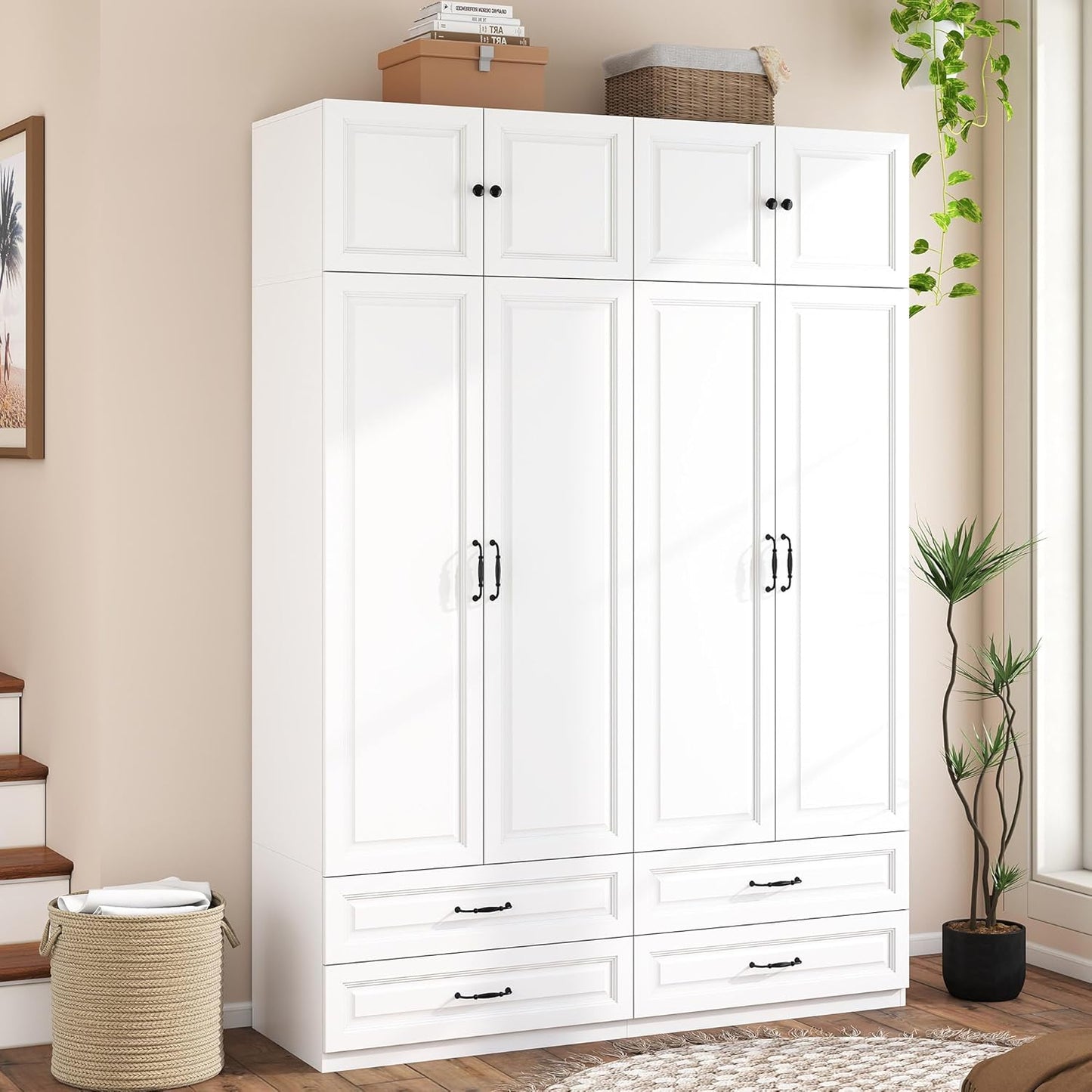 Armoire Wardrobe Closet with Drawers: 63" Large White Wood Wardrobe Closet with 4 Doors and 4 Drawers, Modern Clothes Storage Cabinet for Bedroom Armoire with Shelves (63")