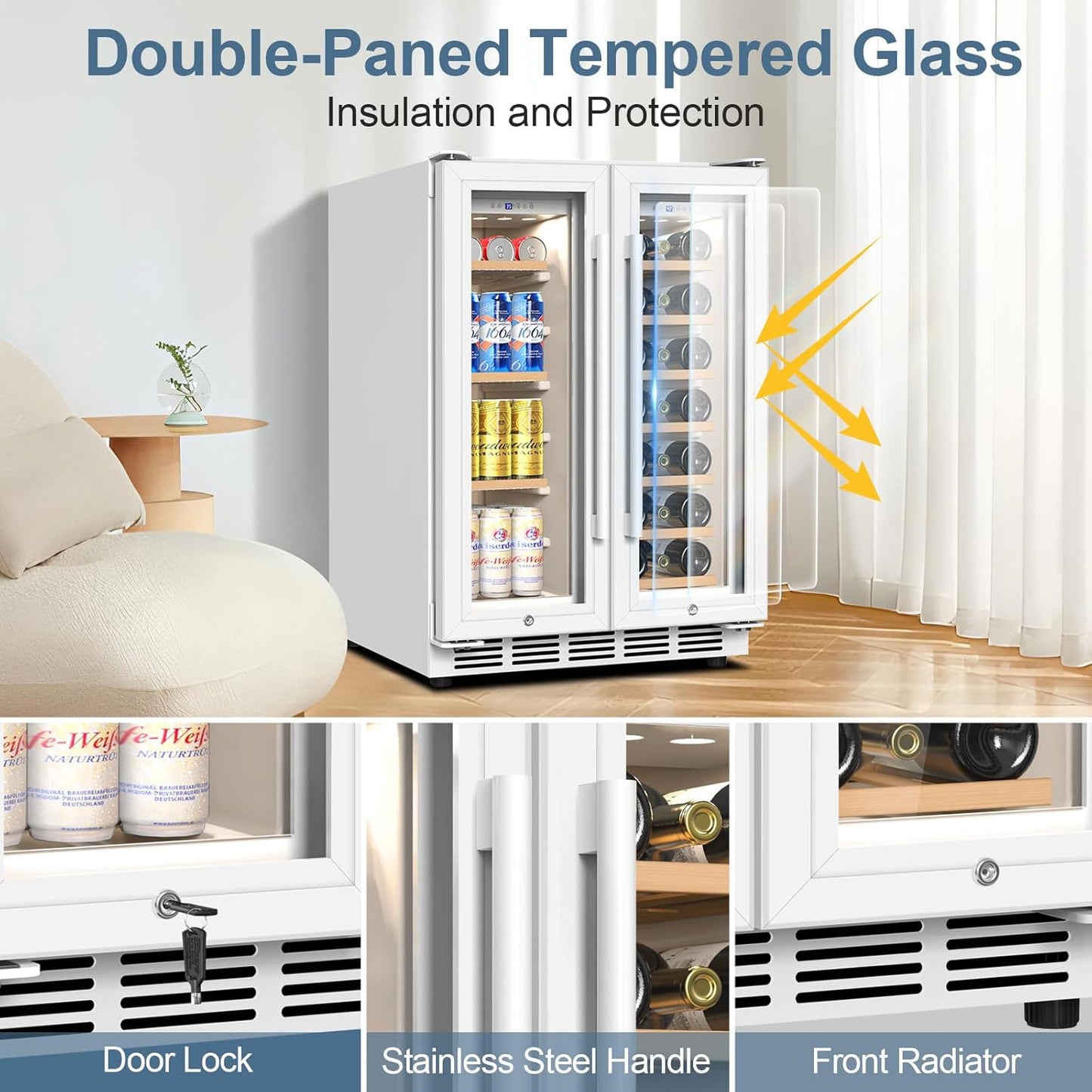 FoMup Wine and Beverage Refrigerator, 24 Inch Beverage Cooler Dual Zone with Glass Door, Under Counter Beverage Fridge with Upgraded 65 Cans 18 Bottles Large Capacity, White