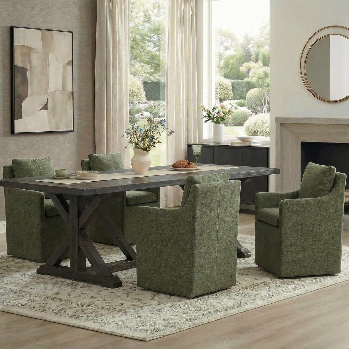 KISLOT Upholstered Dining Chairs with Casters, No Assembly Modern Accent Armchair with Rollers for Dining Room, Bedroom, Living Room, Reading Room, Already Assembled, Green, 2 Box