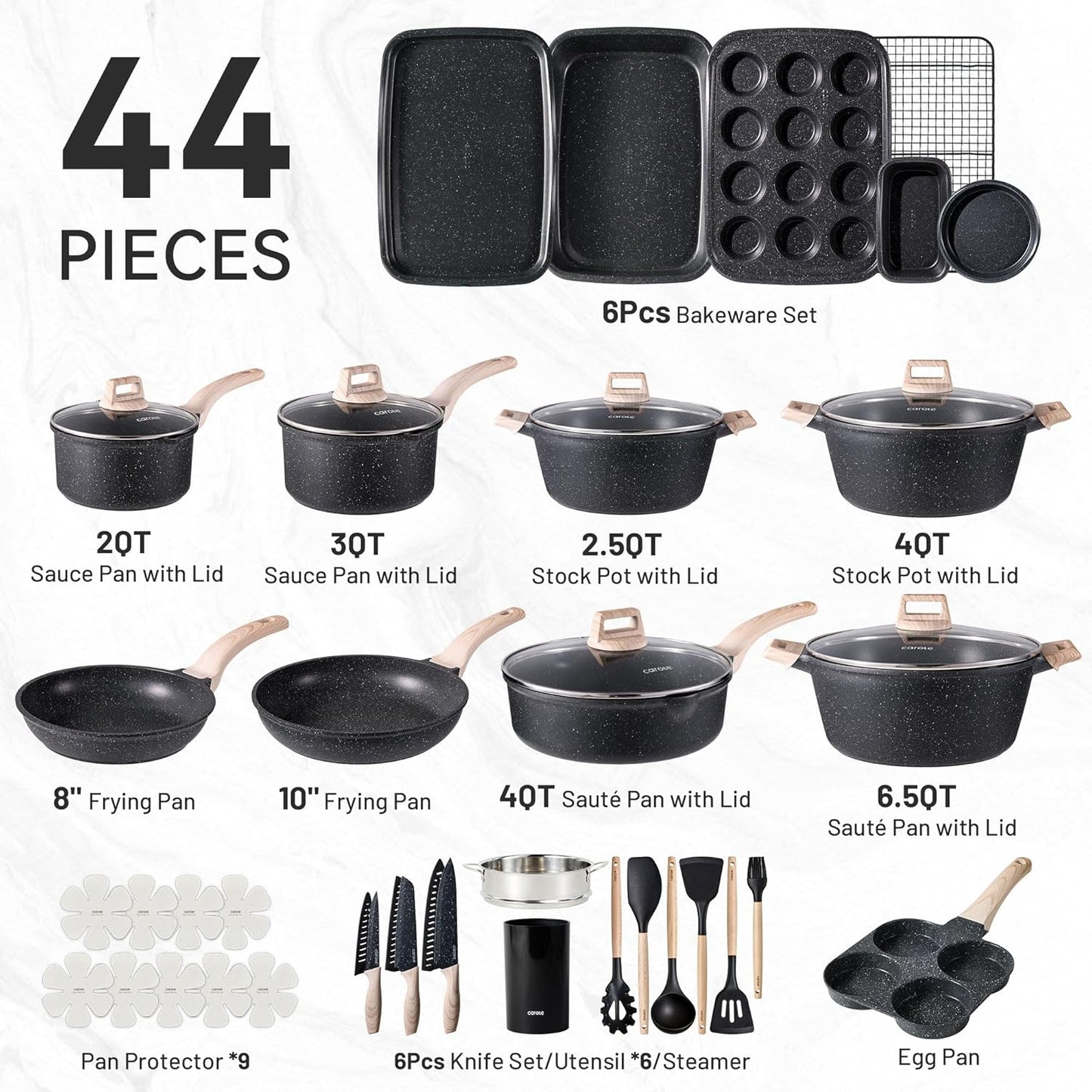 CAROTE 44pcs Pots and Pan Set Nonstick, Cookware Sets, Cooking Set Non Stick, Induction Cook Ware with Bakeware Set, Kitchen Knife Set
