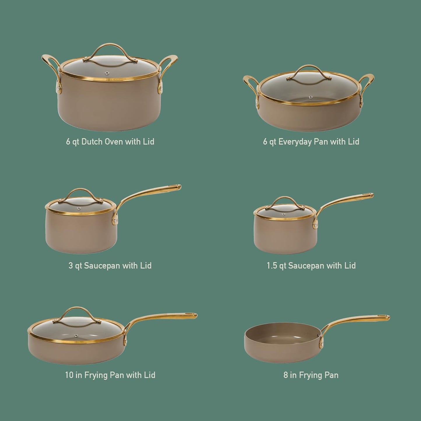 Bloomhouse - Two Time Oprah's Favorite Things Winner - 15 Piece Pots and Pans Heavy Duty Aluminum Premium PFA Free Ceramic Nonstick Dutch Oven Pot with Lid - Cappuccino Cream with Gold Handle