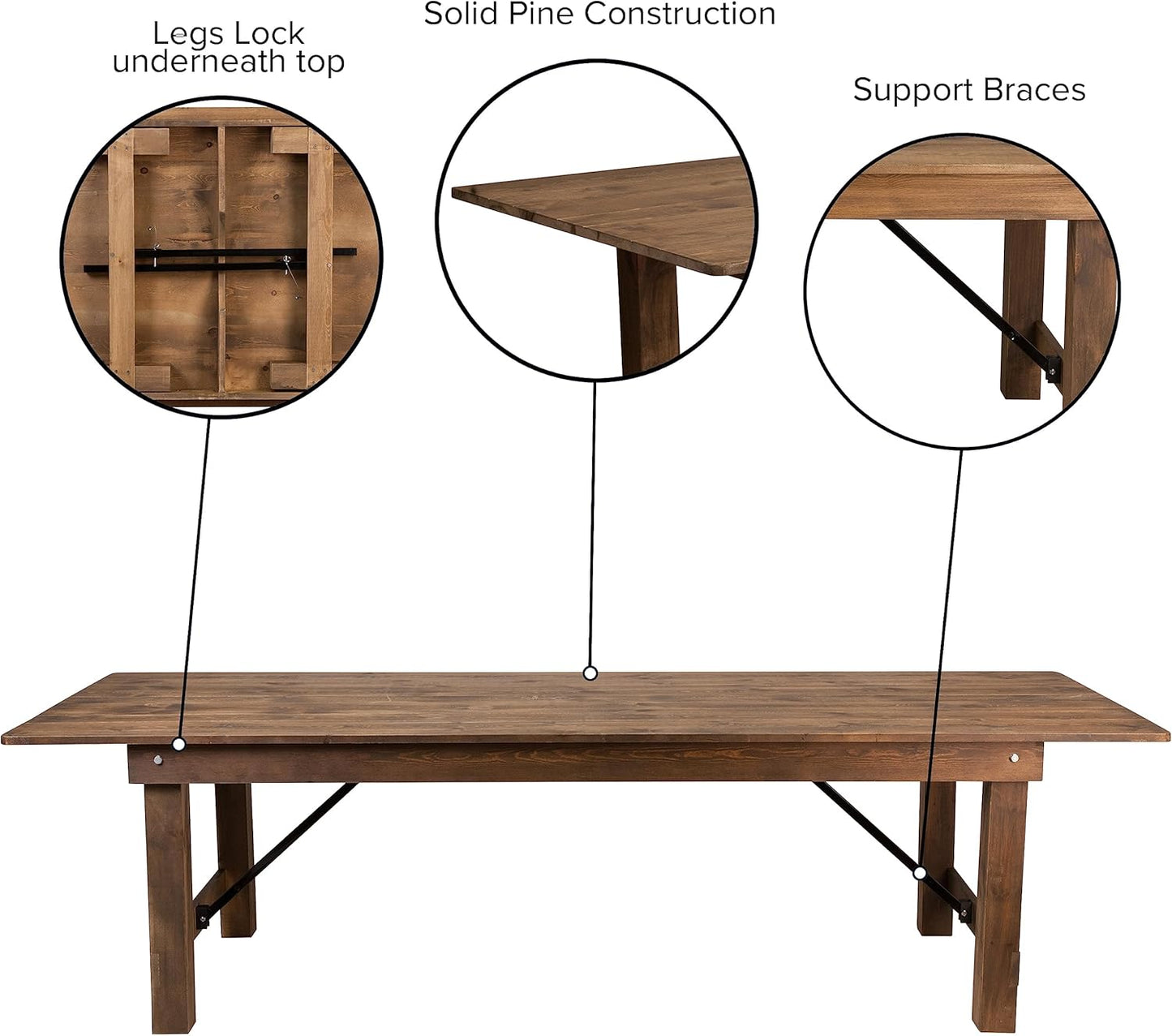 Flash Furniture Hercules Series 9' x 40" Rustic Solid Pine Folding Dining Table, Rectangular Antique Farmhouse Dining and Event Extension Table