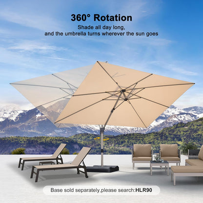 PURPLE LEAF 9' X 11' Patio Umbrella, Rectangle Outdoor Cantilever Umbrella, Aluminum Offset Umbrella with Champagne Frame and 360° Rotation for Pool Deck Garden, Beige