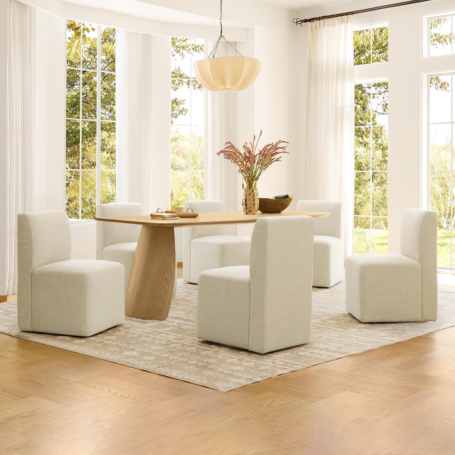 CHITA Dining Chairs with Casters Set of 4, FSC Certified Upholstered Armless Modern Rolling Dining Chairs with Rollers for Bedroom Reading Room Living Room, Linen