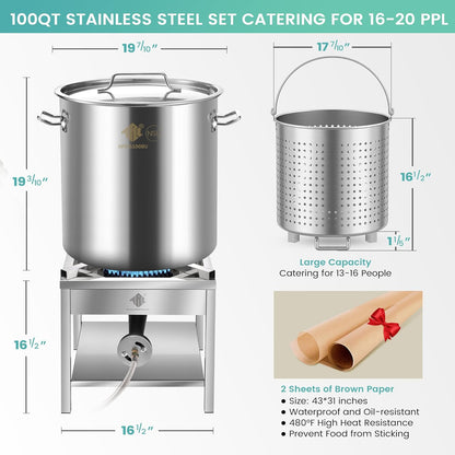 ARC 100QT Stainless Steel Seafood Boil Pot with 200,000BTU Propane Burner, w/Basket for Outdoor Deep Fryer-Large Cooking Pot for Turkey Fryer Crab Crawfish Shrimp Lobster Boiling Stock Pot