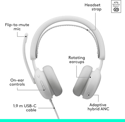 Logitech Zone Wired 2 - Noise-Canceling Headset with Adaptive Hybrid ANC, USB-C with USB-A Adapter - Off-White