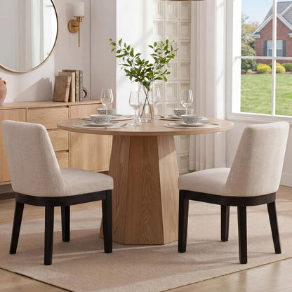 RIVOVA Modern Dining Chairs Set of 2 Comfortable Dining Room Chairs with Back, Linen Fabric Upholstered Kitchen Side Chair with Black Wood Legs for Living Room, Beige