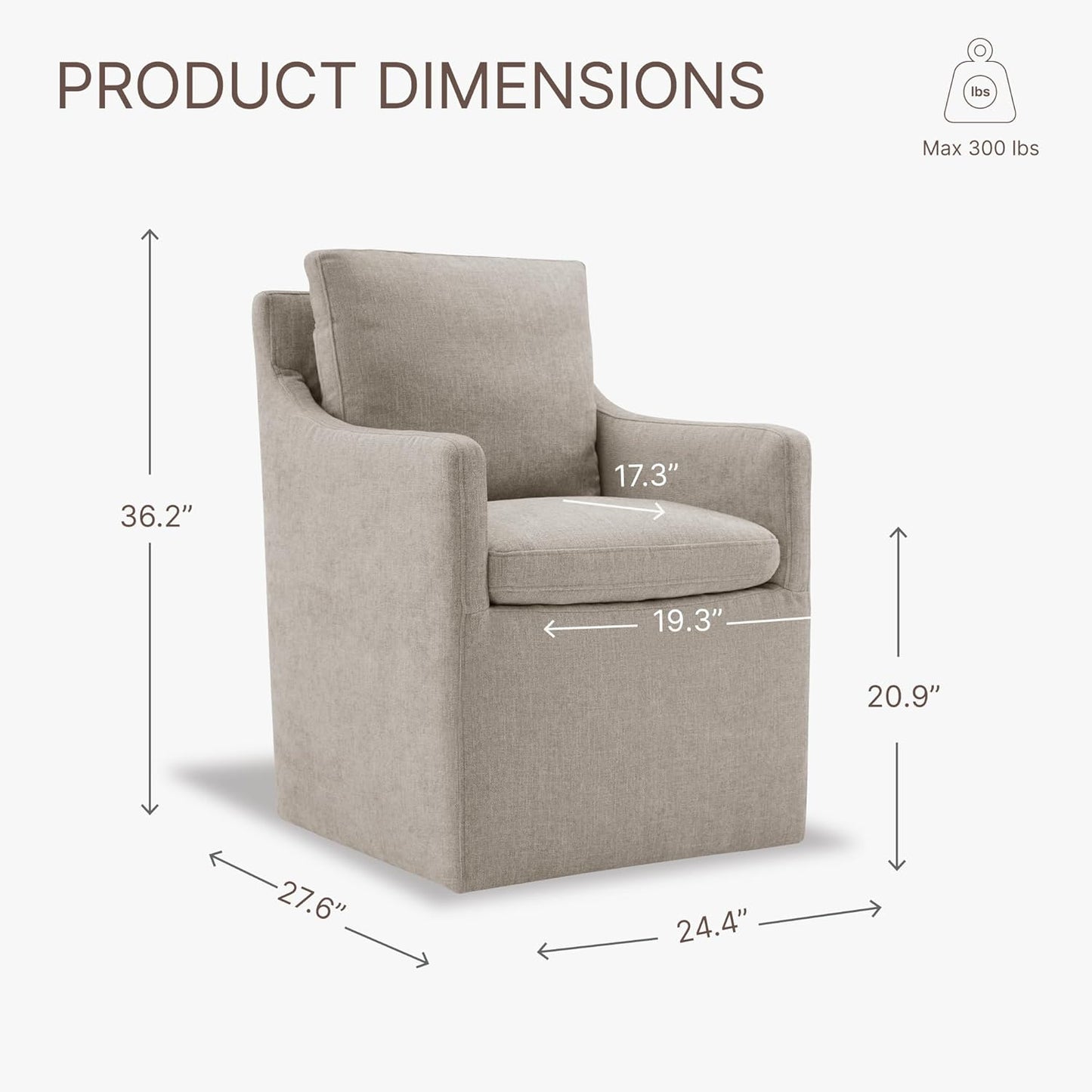 KISLOT Upholstered Dining Chairs with Casters, No Assembly Modern Accent Armchair with Rollers for Dining Room, Bedroom, Living Room, Reading Room, Already Assembled, White, 1 Box