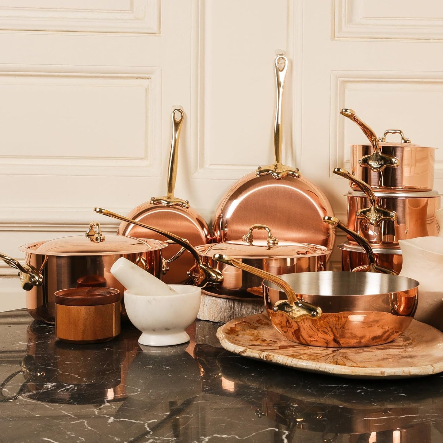 Mauviel M'Heritage 150 B 1.5mm Polished Copper & Tin Inside Bain Marie Double Boiler With Porcelain, Lid & Brass Handles, 1.8-Qt, Made In France