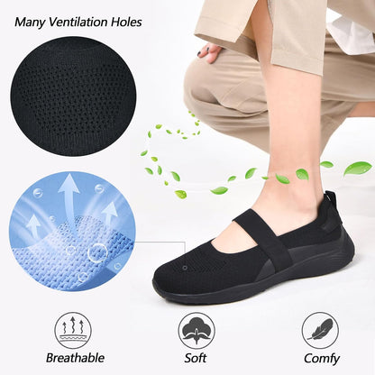 Women Mary Jane Shoes Slip On Walking Flats Comfortable Dressy Knit Washable Casual Nurse Shoe with Arch Support