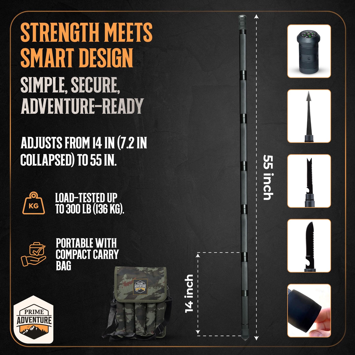 PRIME ADVENTURE 15-in-1 Tactical Survival Walking Stick & Hiking Staff
