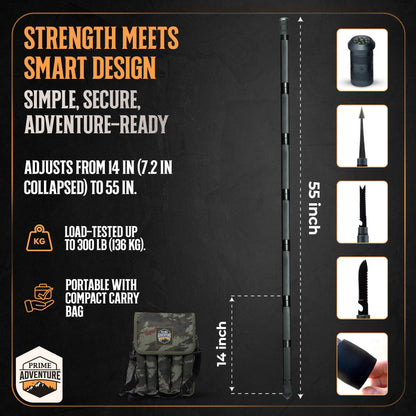 PRIME ADVENTURE 15-in-1 Tactical Survival Walking Stick & Hiking Staff