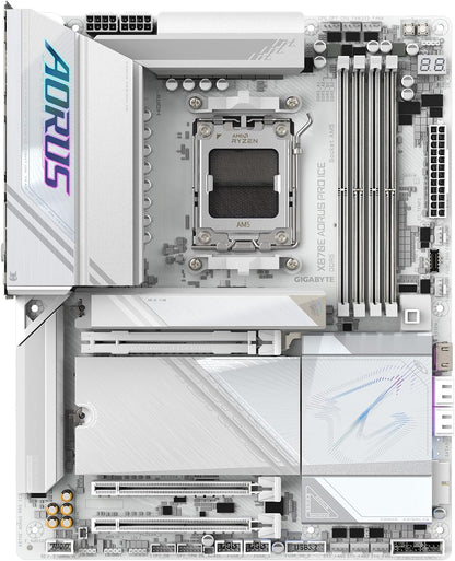 GIGABYTE X870E AORUS PRO ICE AMD AM5 LGA 1718 Motherboard, ATX, DDR5, 4X M.2, PCIe 5.0, USB4, WIFI7, 2.5GbE LAN, EZ-Latch, 5-Year Warranty