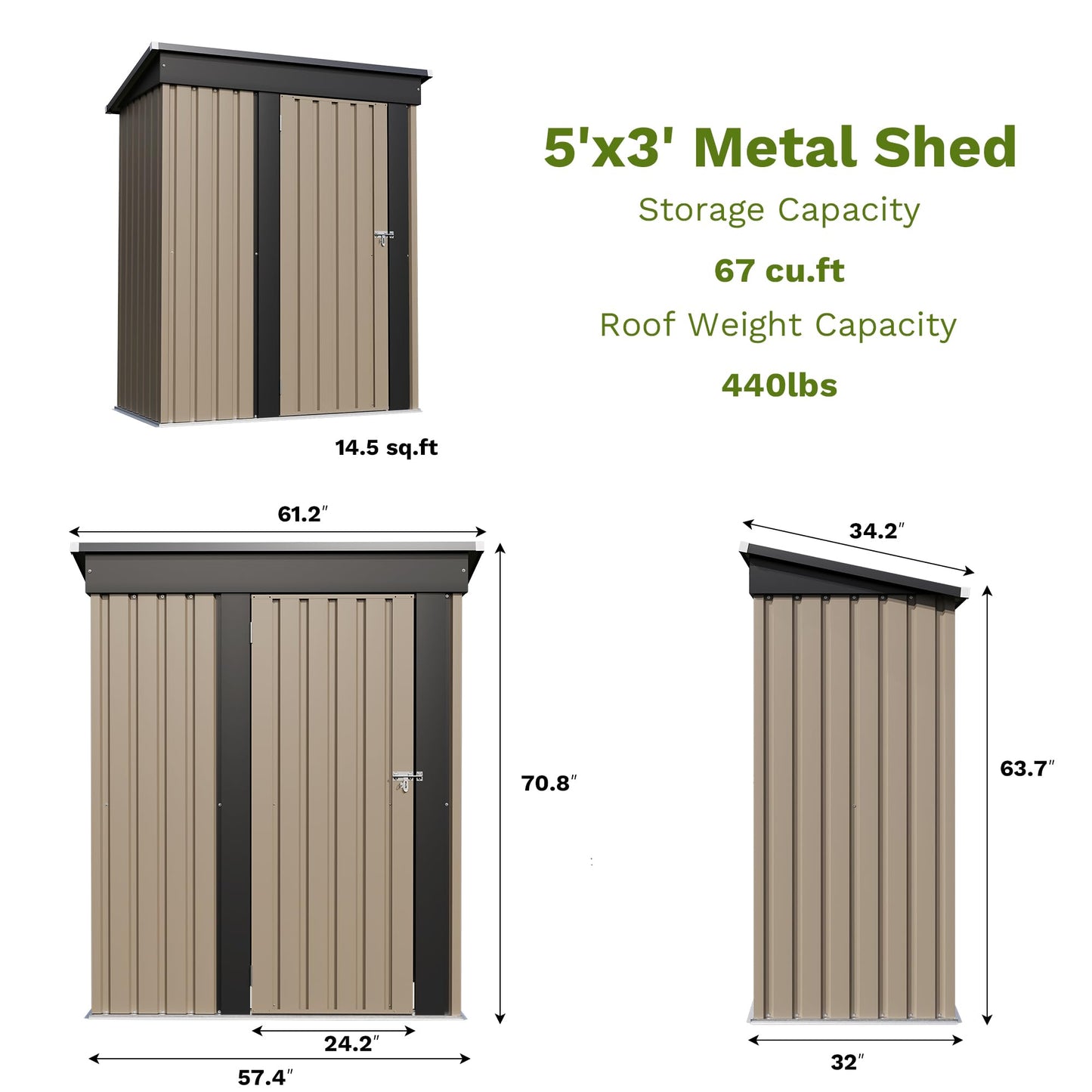 PATIOWELL 5x3 FT Outdoor Metal Storage Shed with Lockable Door