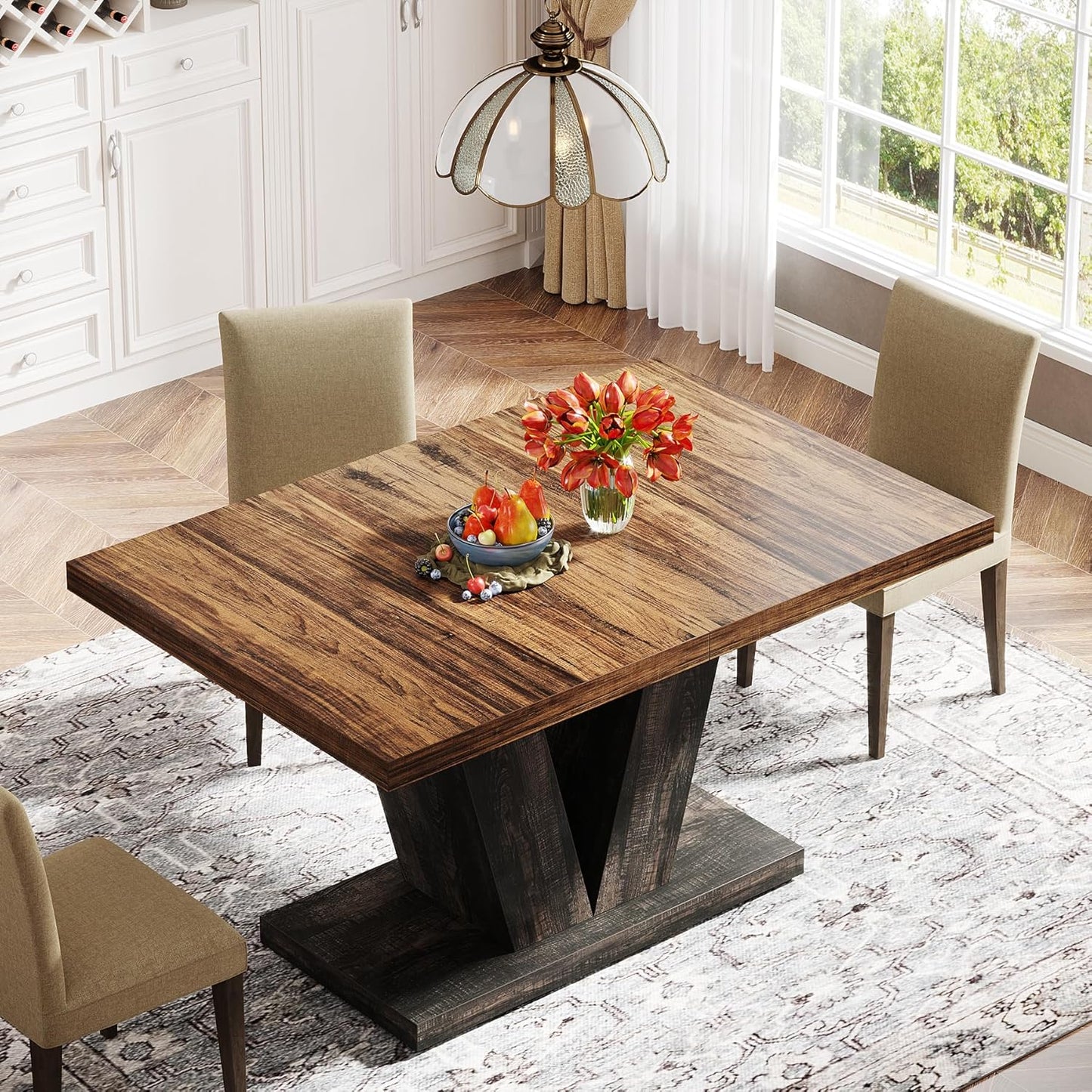 Tribesigns 47-Inch Dining Table for 4, Black Kitchen Dinner Table with Heavy Duty Pedestal, Farmhouse Wooden Eating Table for Home, Dining Room, Small Space, Black & Brown