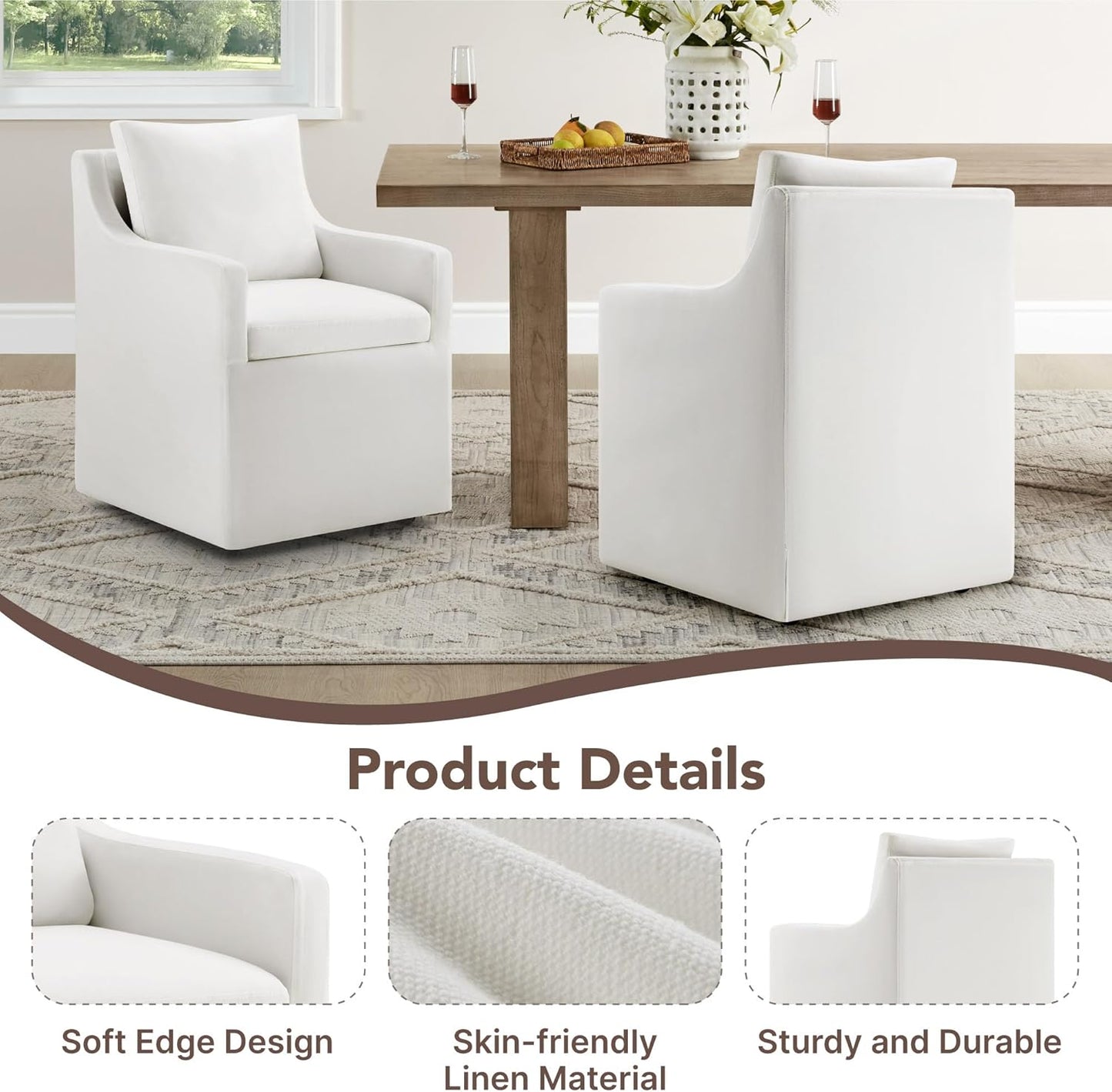 KISLOT Upholstered Dining Chairs Set of 4, Modern Dining Room Chairs with Casters & Washable Cover, Rolling Accent Chair with Hidden Storage for Kitchen, Farmhouse, Living Room, White, 4 Box