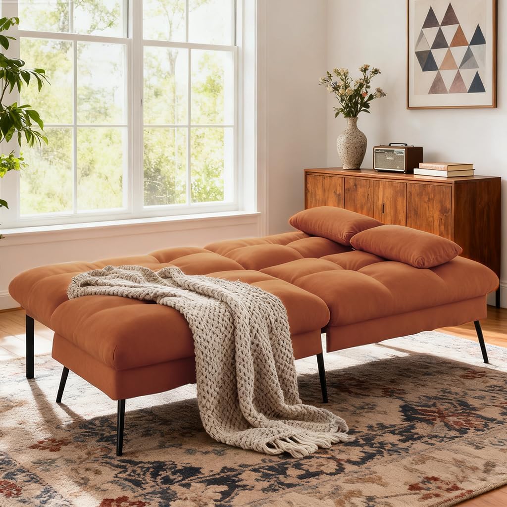 COMHOMA Convertible Sofa Bed,68″Fabric Couch with Adjustable Backrest,Loveseat Recliner Sleeper Living Room Furniture futon Set,Orange
