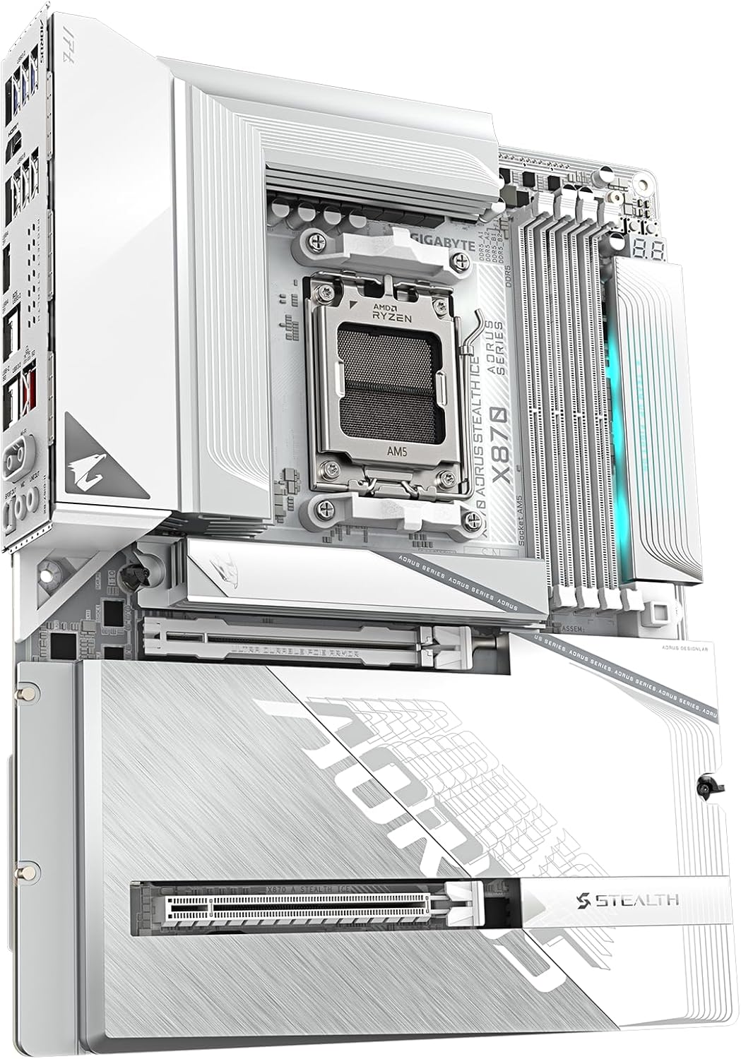 GIGABYTE X870 AORUS Stealth ICE Reverse-Connect ATX Motherboard, Support AMD Socket AM5 Processors, DDR5, 16+2+2 Power Phase, 4X M.2, PCIe 5.0, USB4, WIFI7, 5GbE, PCIe EZ-Latch Plus, 5 Year Warranty