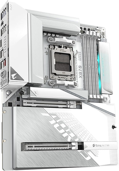 GIGABYTE X870 AORUS Stealth ICE Reverse-Connect ATX Motherboard, Support AMD Socket AM5 Processors, DDR5, 16+2+2 Power Phase, 4X M.2, PCIe 5.0, USB4, WIFI7, 5GbE, PCIe EZ-Latch Plus, 5 Year Warranty