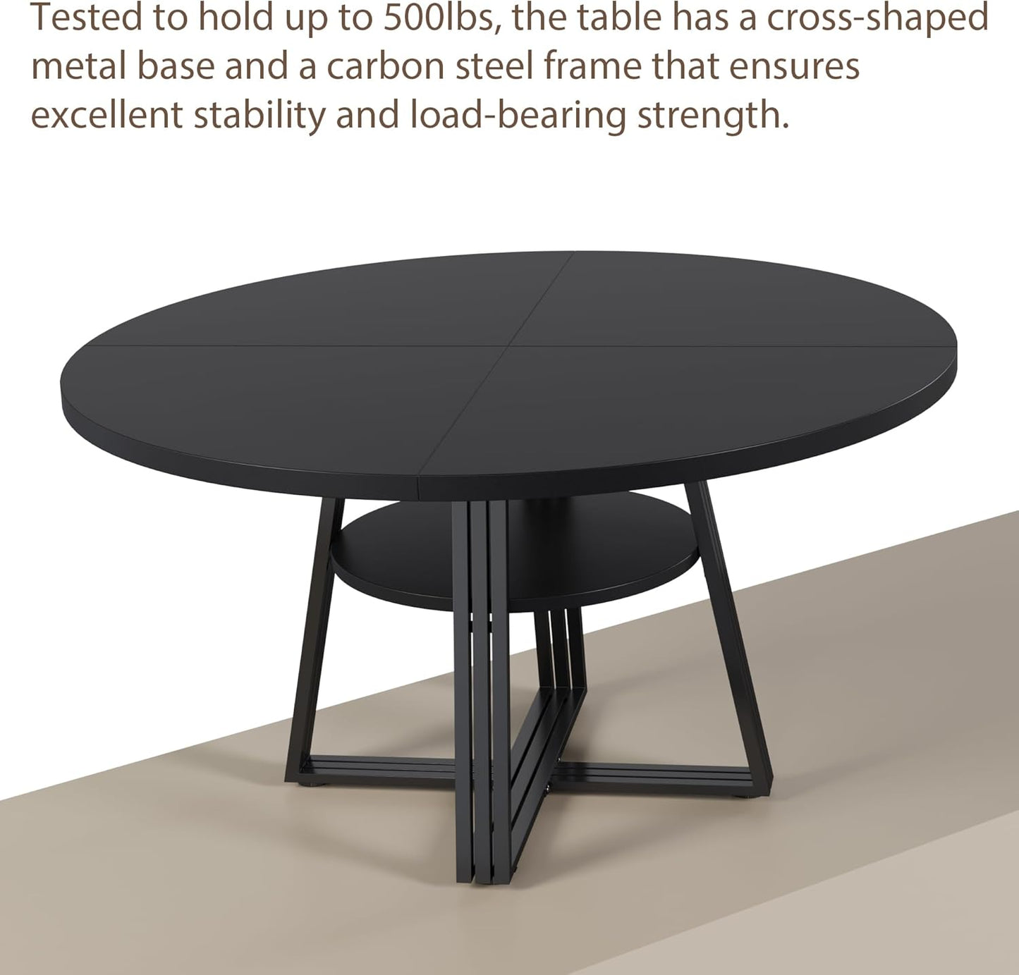 GarveeHome 47 Inch Round Dining Table for 4-6, Farmhouse Pedestal Kitchen Table with Storage Shelf, Space-Saving Circle, for Kitchen, Dining Room, Living Room, Apartment, Table Only- Black