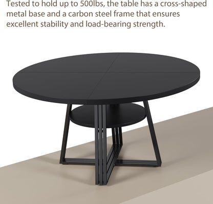 GarveeHome 47 Inch Round Dining Table for 4-6, Farmhouse Pedestal Kitchen Table with Storage Shelf, Space-Saving Circle, for Kitchen, Dining Room, Living Room, Apartment, Table Only- Black