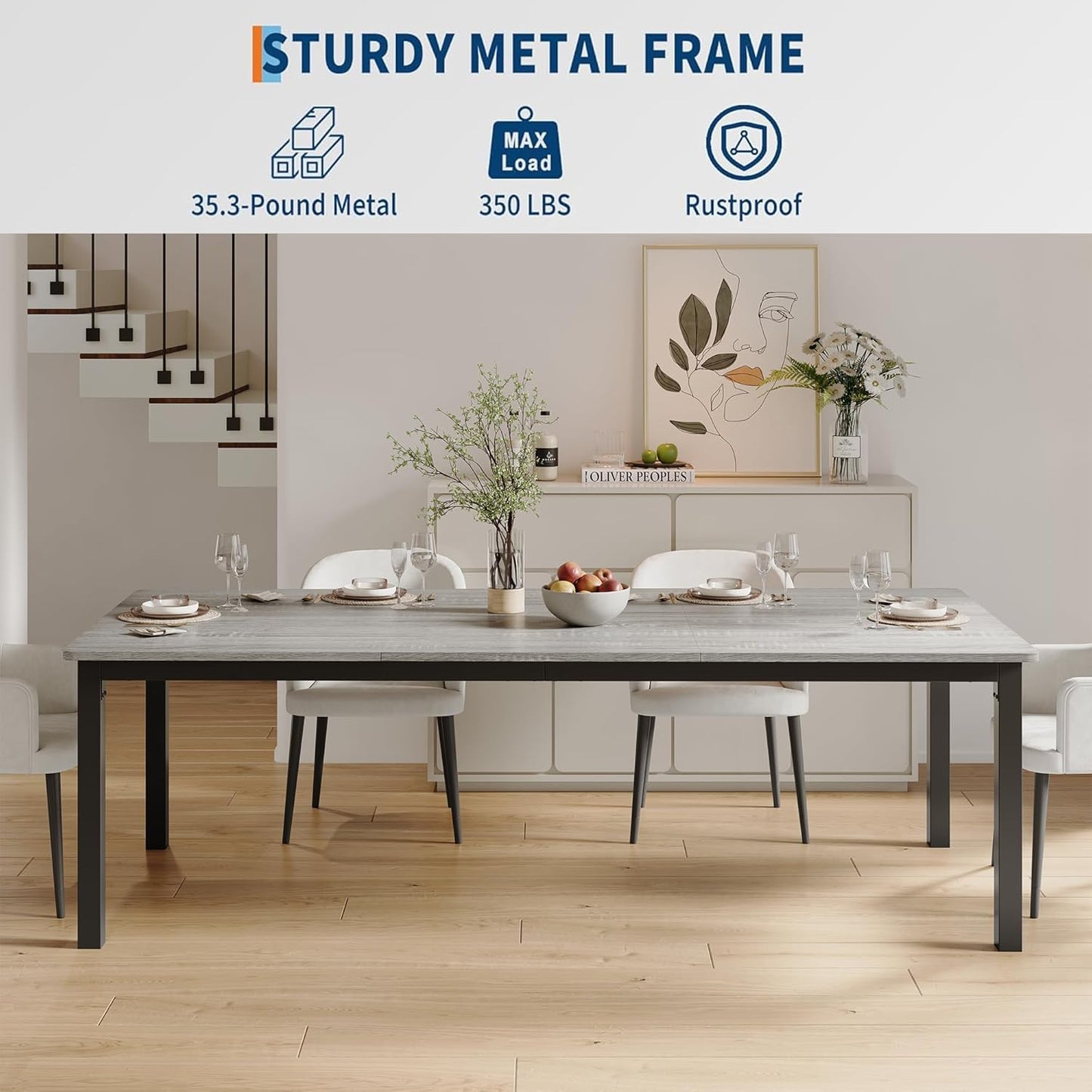 GarveeHome 70.8 in Industrial Dining Table for 6, Wooden Long Dinner Table with Mortise Tenon Design, Kitchen Table with Sturdy Metal Legs, for Dining Room Home Office Living Room, Grey