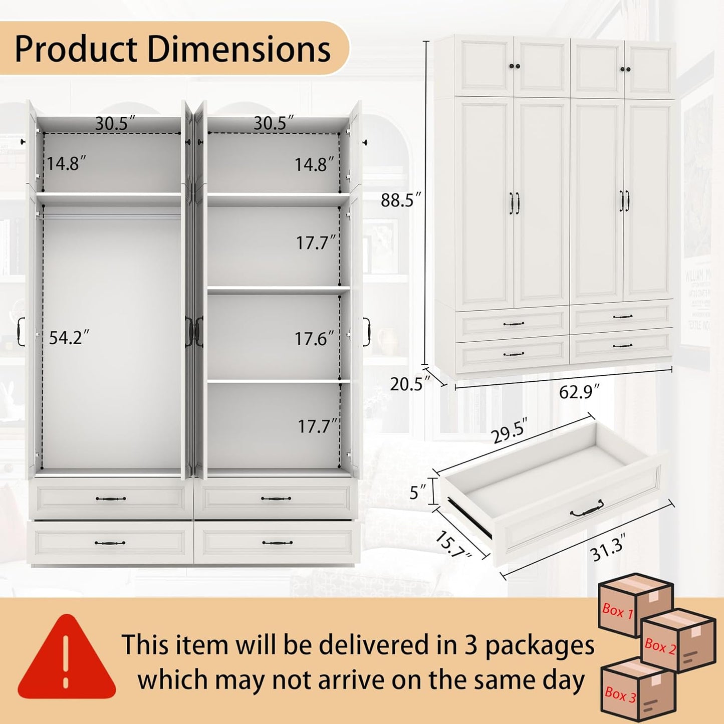 White Armoire Wardrobe Closet with Drawers: Bedroom Armoires with Hanging Rod, Wooden Closet Cabinet for Hanging Clothes, Tall Wardrobes Closets with Doors and Shelves (63")