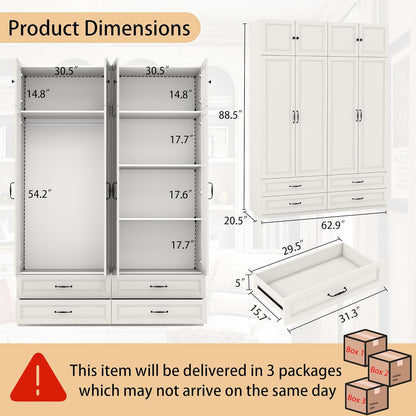 White Armoire Wardrobe Closet with Drawers: Bedroom Armoires with Hanging Rod, Wooden Closet Cabinet for Hanging Clothes, Tall Wardrobes Closets with Doors and Shelves (63")