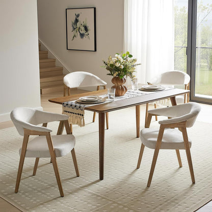 HULALA HOME Dining Chairs with Arm Set of 4, Mid-Century Modern Upholstered Kitchen Dining Room Chair with Solid Wood Legs & Curved Backtrst, Armchairs Accent Chairs for Living Room - Ivory