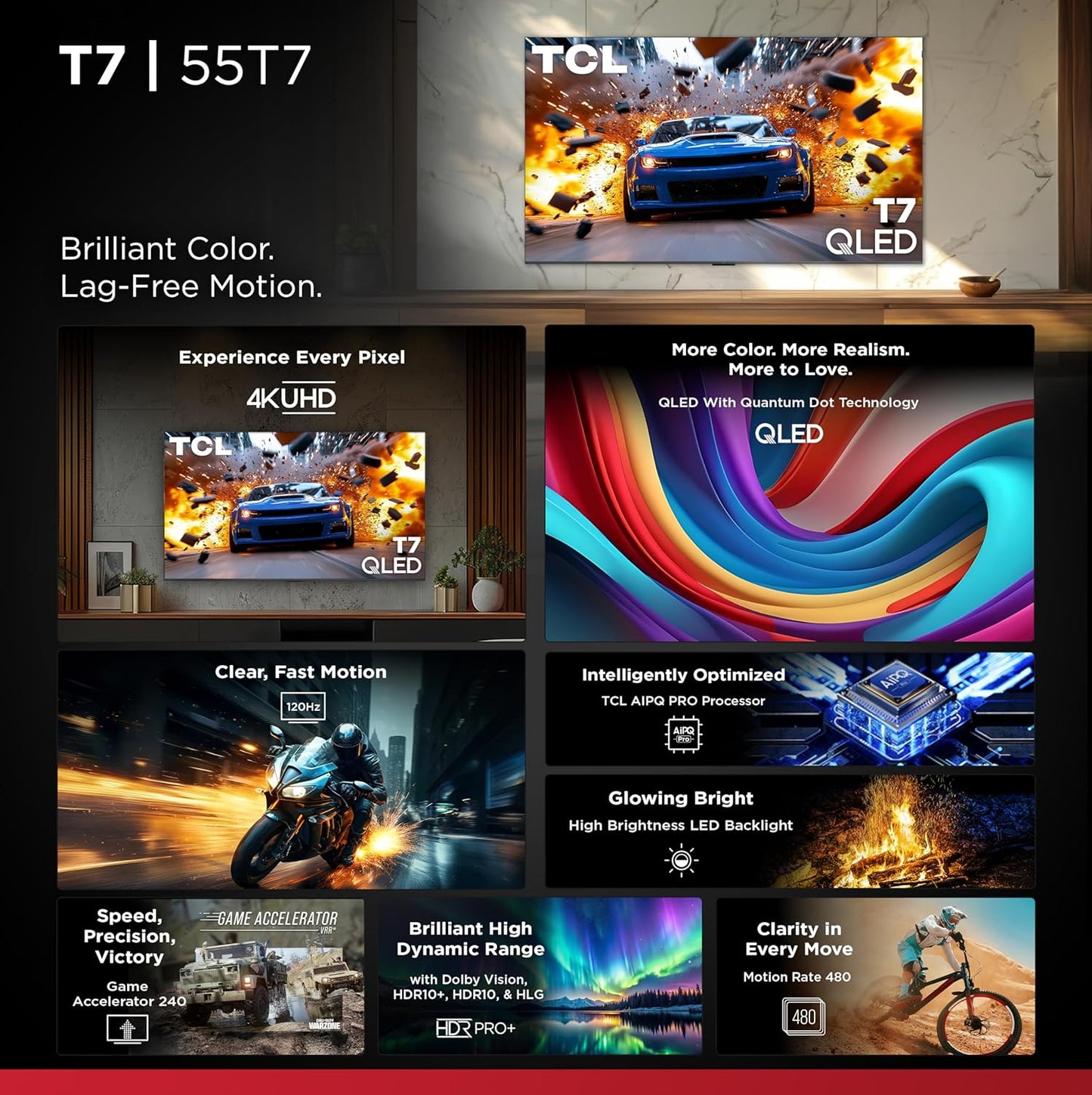 TCL 55 Inch Class T7 Series | 4K QLED HDR | 55T7, 2025 Model | 120HZ Refresh Rate High Brightness Smart Google TV Dolby Atmos Audio | Voice Remote Alexa Gaming Streaming Television