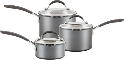 Circulon Scratch Defense Saucepan Set - Induction Saucepan Set Non Stick with Lids, 14cm, 16cm & 18cm Dishwasher & Oven Safe Cookware with Straining Lids & Pourings Rims, Graphite Pewter Finish