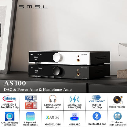 SMSL AS400 MA5332MS Power Amplifier CS43131 165W x 165W DAC Headphone Amp, USB/Coax/Opt/HDMI ARC/RCA/Phono Input 2.1 Channel Speaker/Subwoofer 4.4mm/6.35mm Headphone Output, MQA DAC Class D Amplifier