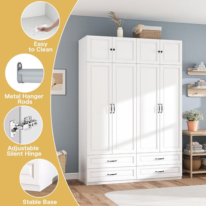 Armoire Wardrobe Closet with Doors: 89" Extra Tall White Wardrobe with Storage on Top, Bedroom Armoires with 4 Doors and 4 Drawers, Large Wood Closet Armoire for Hanging Clothes (B, 63")