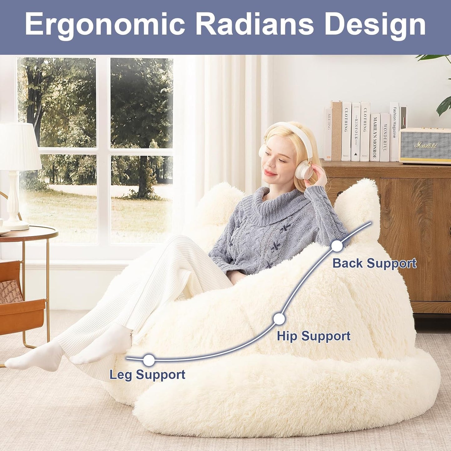 Achicsofar Bean Bag Chair for Adults Teens Giant Faux Fur Bean Bag Chairs with Filler Fluffy Plush Cat Shaped Beanbag Couch Comfy Accent Floor Sofa for Gaming, Reading in Living Room, Bedroom, Dorm